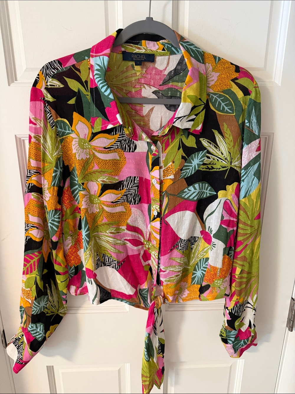 RACHEL Rachel Roy Tropical Floral & Leaf  Cropped Tie-Hem Button-Up Blouse Large